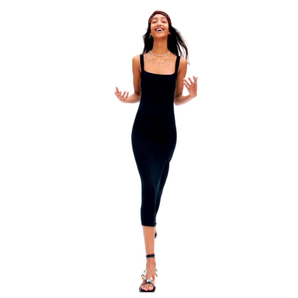 Zara Knit Black Midi Dress with Straps and Side Slit. Size Large.